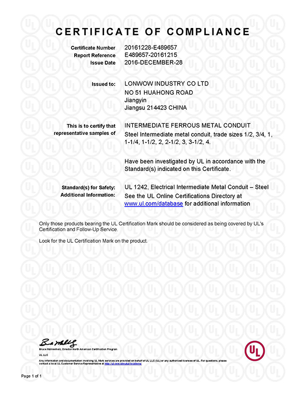 UL Certification-Intermediate Metal Conduit (IMC)